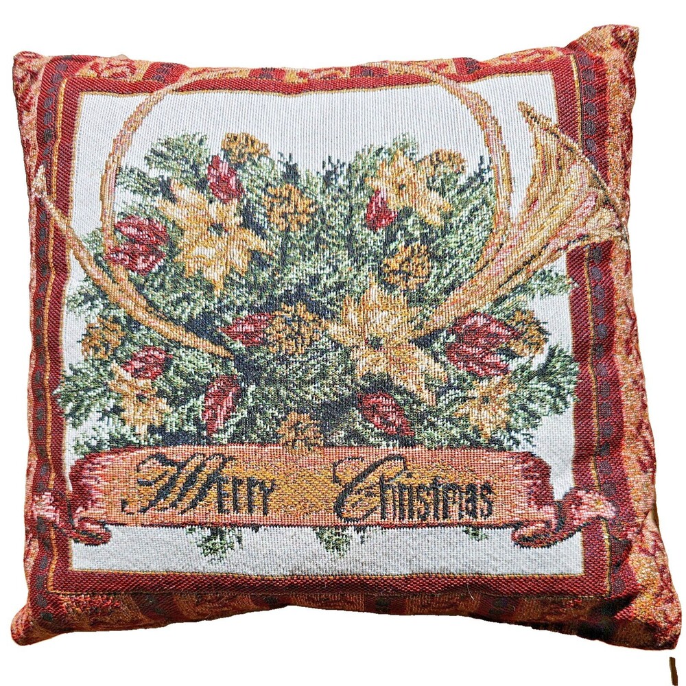 Merry Christmas Throw Pillow Tapestry Poinsettias, Pine & French Horn, Gold Back